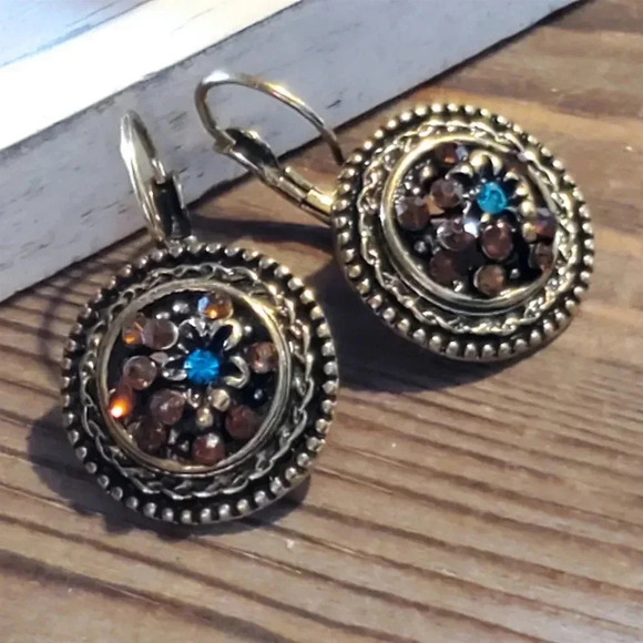 PinkDiva Jewelry - Art Nouveau Style Antique Brass Orange Blue Rhinestone Earrings